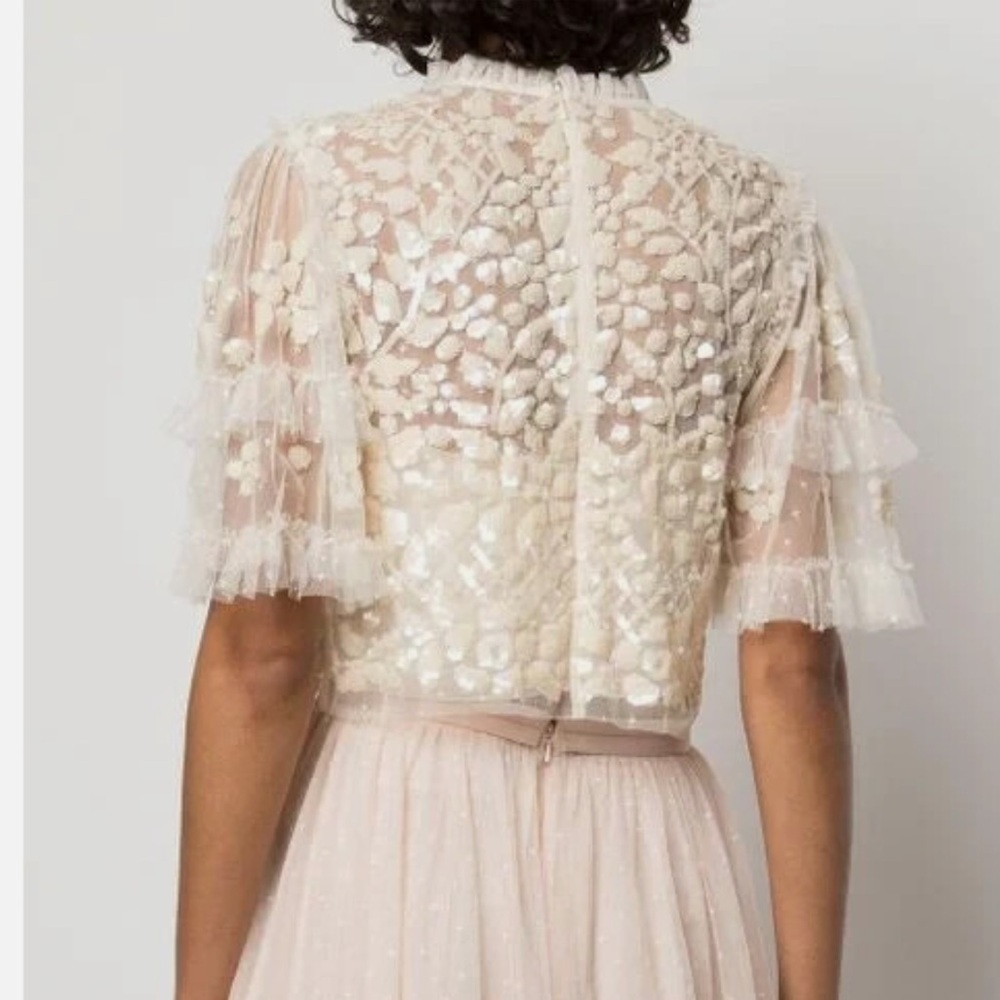 NEEDLE & THREAD Aurelia Sequin Embellished Top Natural Cream Ruffle Sheer Blouse - Picture 14 of 15